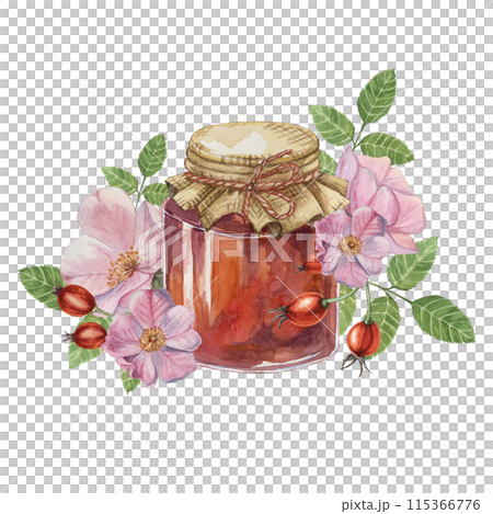 Rose hip jam in glass jar with canvas lid and rope bow. Swiss forest berry preserve with pink flowers and leaves watercolor illustration for printing, food packaging, label, card sticker, scrapbooking Rose hip jam in glass jar with canvas lid and rope bow. Swiss forest berry preserve with pink flowers and leaves watercolor illustration for printing, food packaging, label, card sticker, scrapbooking 115366776