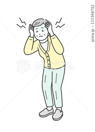 頭痛で頭を押さえて苦しむ高齢女性のイラスト 115366782
