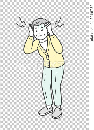 頭痛で頭を押さえて苦しむ高齢女性のイラスト 115366782