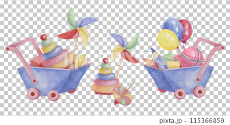 Toys wheelbarrow, crayons, spinning top, pinwheel, bucket and shovel. Retro sandbox play objects kids watercolor clipart for stickers, baby shower, invitation, birthday party, postcard, nursery decor Toys wheelbarrow, crayons, spinning top, pinwheel, bucket and shovel. Retro sandbox play objects kids watercolor clipart for stickers, baby shower, invitation, birthday party, postcard, nursery decor 115366859