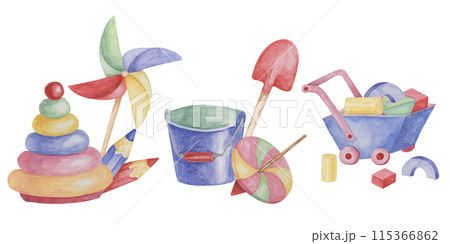 Toys wheelbarrow, crayons, spinning top, pinwheel, bucket and shovel. Retro sandbox play objects kids watercolor clipart for stickers, baby shower, invitation, birthday party, postcard, nursery decor Toys wheelbarrow, crayons, spinning top, pinwheel, bucket and shovel. Retro sandbox play objects kids watercolor clipart for stickers, baby shower, invitation, birthday party, postcard, nursery decor 115366862