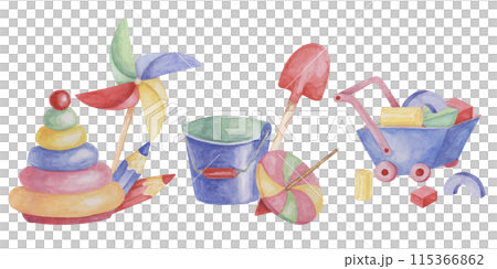 Toys wheelbarrow, crayons, spinning top, pinwheel, bucket and shovel. Retro sandbox play objects kids watercolor clipart for stickers, baby shower, invitation, birthday party, postcard, nursery decor 115366862
