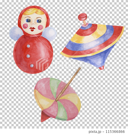 Spinning top, humming top and red roly poly tumbler doll toys. Retro balance whirligig play objects kids watercolor game clipart for baby shower, invitation, birthday party, postcard, nursery decor 115366866