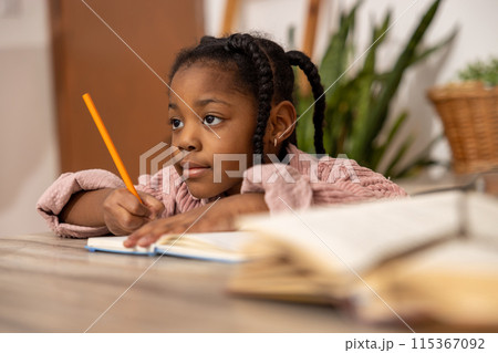 Dreamy African American girl with pen and notepad doing homework 115367092
