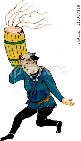 出来立て醤油の樽を運ぶ職人 出来立て醤油の樽を運ぶ職人 115367169