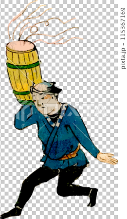 出来立て醤油の樽を運ぶ職人 出来立て醤油の樽を運ぶ職人 115367169