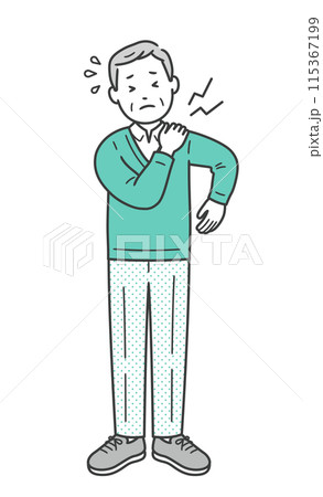 肩こりや肩の痛みで手を当てる高齢男性のイラスト 肩こりや肩の痛みで手を当てる高齢男性のイラスト 115367199