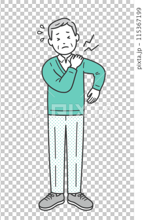 肩こりや肩の痛みで手を当てる高齢男性のイラスト 肩こりや肩の痛みで手を当てる高齢男性のイラスト 115367199