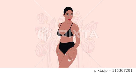 Young woman in black underwear, swimsuit. Beautiful female сurvy women figure. Vector illustration concept. 115367291