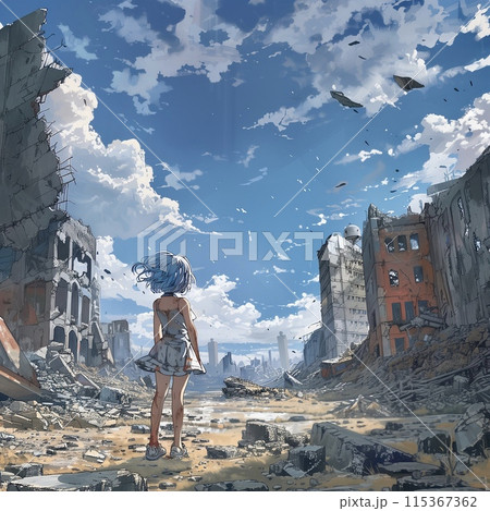 荒廃した街を見つめる女の子のイラスト素材 [115367362] - PIXTA