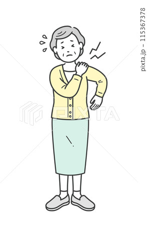 肩こりや肩の痛みで手を当てる高齢女性のイラスト 肩こりや肩の痛みで手を当てる高齢女性のイラスト 115367378