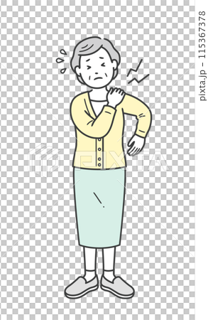 肩こりや肩の痛みで手を当てる高齢女性のイラスト 肩こりや肩の痛みで手を当てる高齢女性のイラスト 115367378