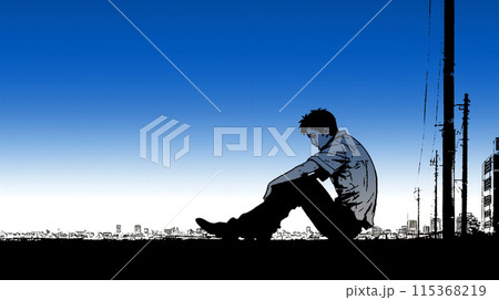 孤独な若い男性：青空の下、一人で地べたに座り込んで考え事をしている