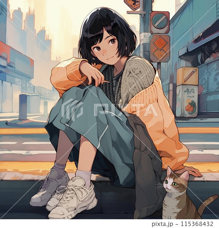 街に座る女の子 115368432