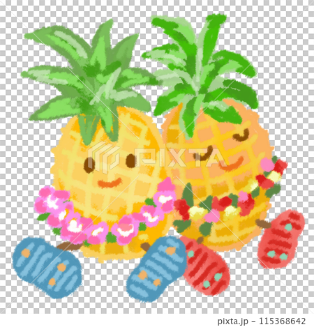 Pineapple with Hawaiian leis and flip flops Pineapple with Hawaiian leis and flip flops 115368642