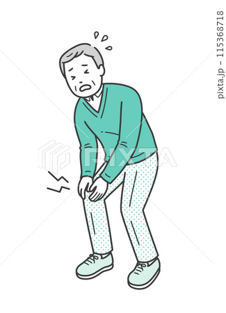 膝の痛みで膝に手を当てる高齢男性のイラスト 115368718