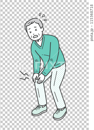 膝の痛みで膝に手を当てる高齢男性のイラスト 115368718