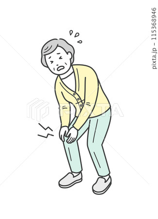 膝の痛みで膝に手を当てる高齢女性のイラスト 115368946