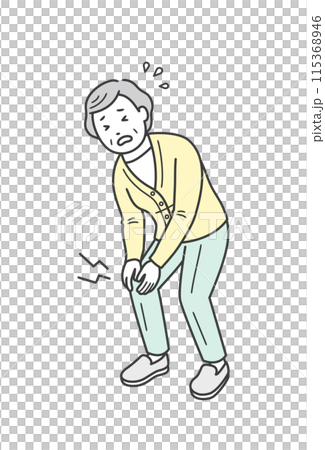 Illustration of an elderly woman putting her hand on her knee due to knee pain 115368946