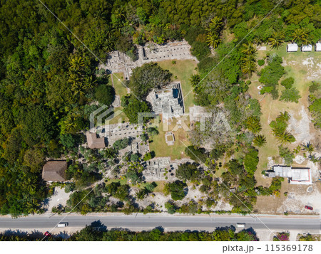 Aerial view of El Meco mayan city, Cancun, Mexico Aerial view of El Meco mayan city, Cancun, Mexico 115369178