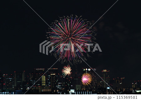なにわ淀川花火大会　十三花火大会　ビルと花火 115369581