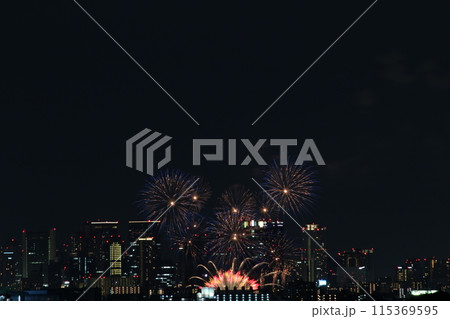 なにわ淀川花火大会　十三花火大会　ビルと花火 115369595