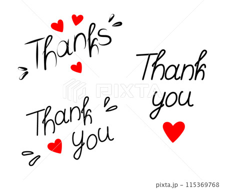 Thank you Thanks Hand drawn lettering with red hearts and decorative elements Greetings or card idea Thank you Thanks Hand drawn lettering with red hearts and decorative elements Greetings or card idea 115369768