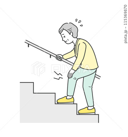 膝の痛みがあり辛そうに階段を上る高齢女性のイラスト 115369870
