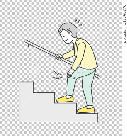 膝の痛みがあり辛そうに階段を上る高齢女性のイラスト 115369870
