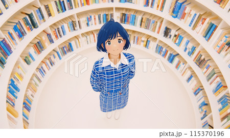 図書館：本に囲まれた若い女性