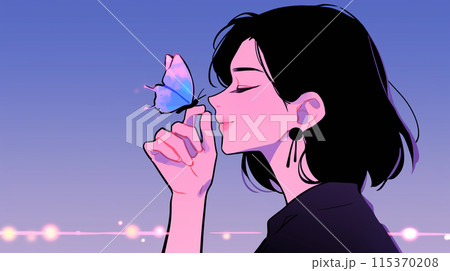 若い女性の指に蝶がとまっている