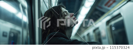 woman is seen looking out of the window while riding a subway train. 115370324