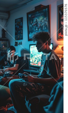 group of young men sitting together and fully immersed in playing video games on multiple screens. 115370376