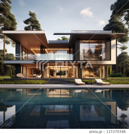 modern mansion with a pool in front of it, captured by a quadcopter. 115370386