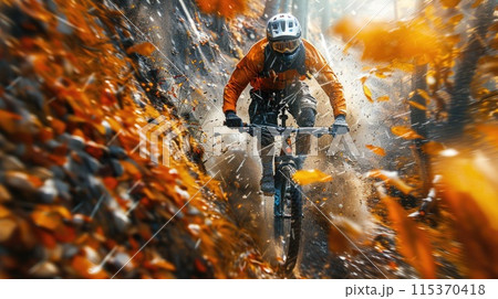 man riding a bike through a dense forest filled with fallen leaves. 115370418