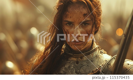 fierce red-haired woman warrior holds a sword with determination, dressed in armor. fierce red-haired woman warrior holds a sword with determination, dressed in armor. 115370435