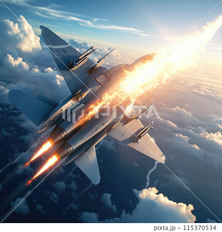 airborne jet with a rocket ejecting from its...のイラスト素材 [115370534] - PIXTA