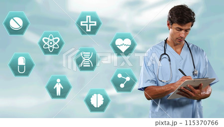 Multiple medical icons against portrait of caucasian male surgeon writing on clipboard and smiling Multiple medical icons against portrait of caucasian male surgeon writing on clipboard and smiling 115370766