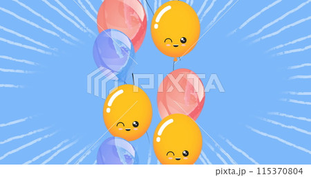 Image of blue and yellow balloons flying over blue background Image of blue and yellow balloons flying over blue background 115370804