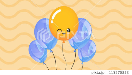 Image of colorful balloons flying over wavy yellow background 115370838