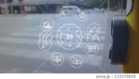 Network of digital icons against mid section of man pushing pedestrian crossing call button 115370839