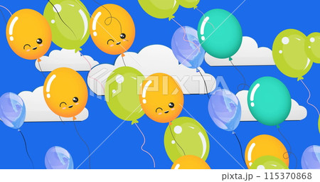 Image of colorful balloons flying over cloudy sky Image of colorful balloons flying over cloudy sky 115370868