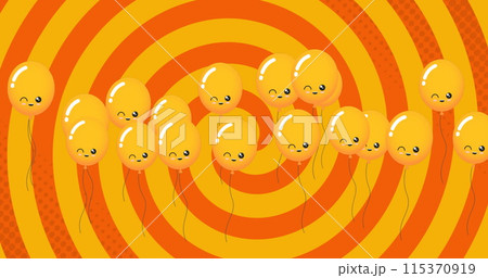 Image of orange balloons flying over orange spinning background 115370919
