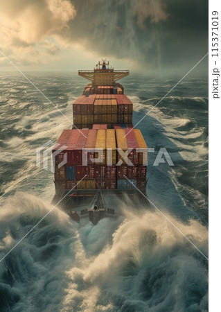 massive cargo ship sailing in the middle of the ocean, carrying goods across vast distances. 115371019