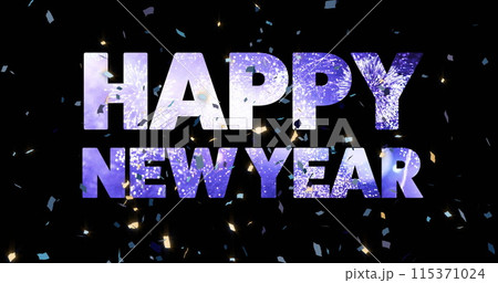 Image of happy new year text and confetti on black background 115371024