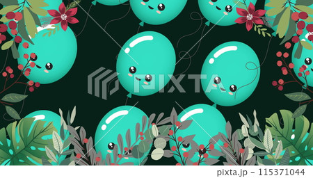 Image of blue balloons flying and flowers over black background Image of blue balloons flying and flowers over black background 115371044