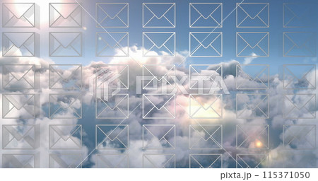 Digital image of follow, like and heart icons increasing in numbers with a sky background 4k 115371050