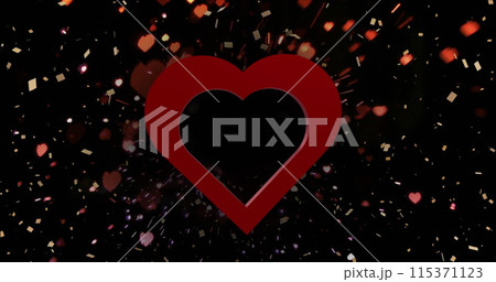Image of red heart over light spots and confetti on black background Image of red heart over light spots and confetti on black background 115371123