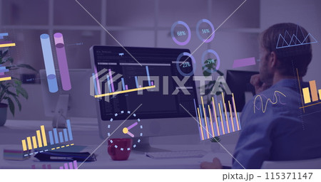 Image of financial data processing over businessman using computer 115371147