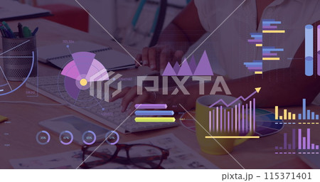 Image of statistics and financial data processing over businesswoman using computer Image of statistics and financial data processing over businesswoman using computer 115371401